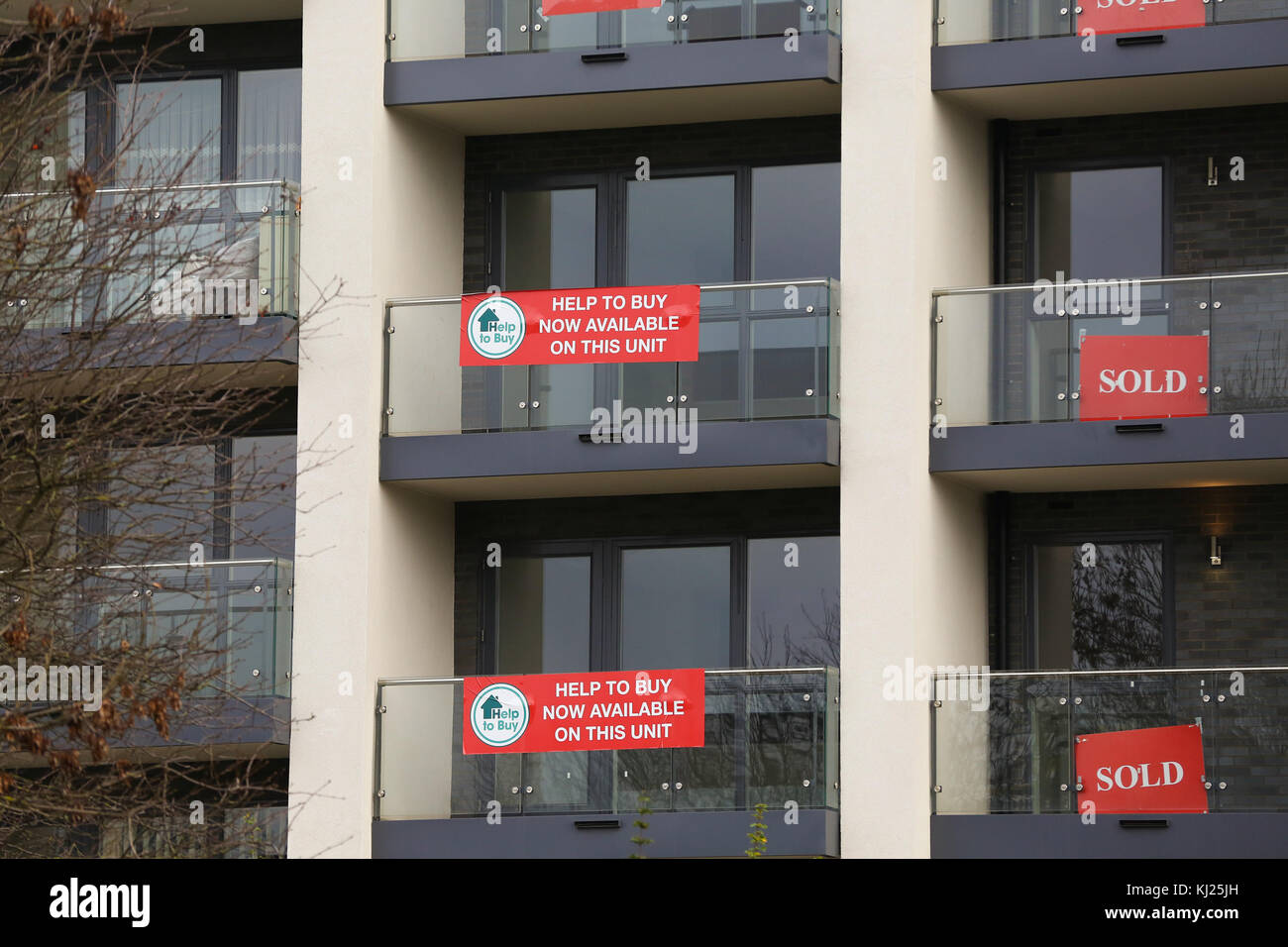North London. UK 21 Nov 2017 - 'Sold' signs on a new housing estate in North London properties as Britain's Chancellor of the Exchequer Philip Hammond is expected to announce plans to build 300,000 homes every year, in his autumn budget on Wednesday, 22 November 2017. It has been reported in the Sunday Times newspaper that Philip Hammond will do 'whatever it takes' to meet this target. Stock Photo