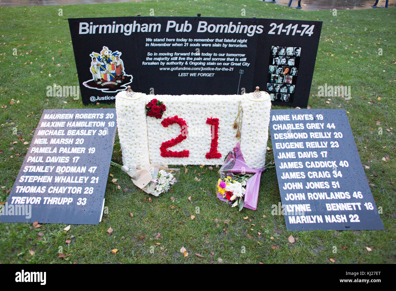 Birmingham, UK. 21st November 2017. A memorial service took part at Birmingham Cathedral to mark 43 years after the Birmingham Pub Bombings that claimed the lives of 21 people. The memorial outside the Cathedral. Please credit, Dave Warren/Alamy Live News Stock Photo