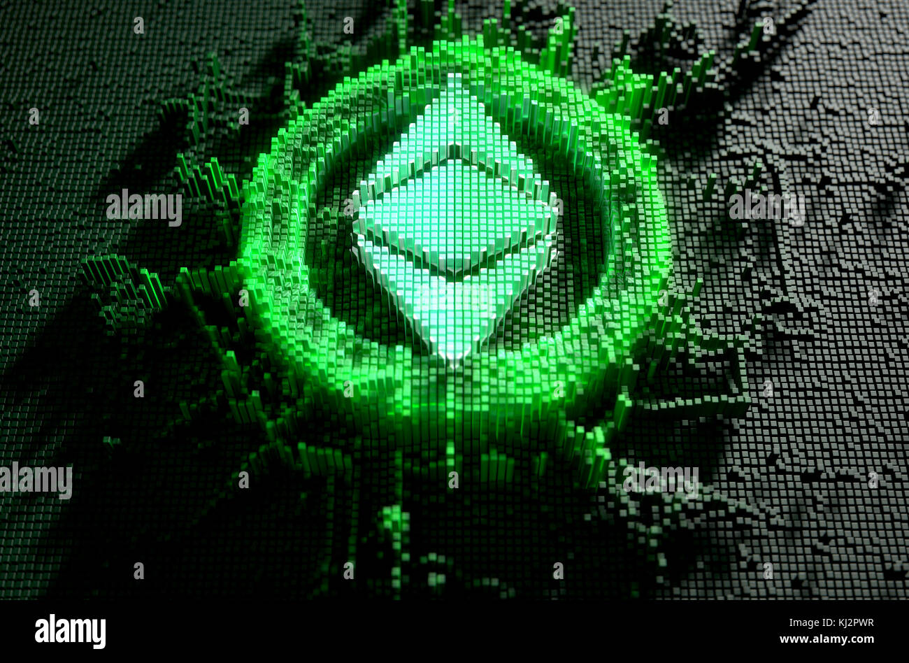 A microscopic closeup concept of small cubes in a random layout that build up to form the ethereum classic symbol illuminated - 3D render Stock Photo