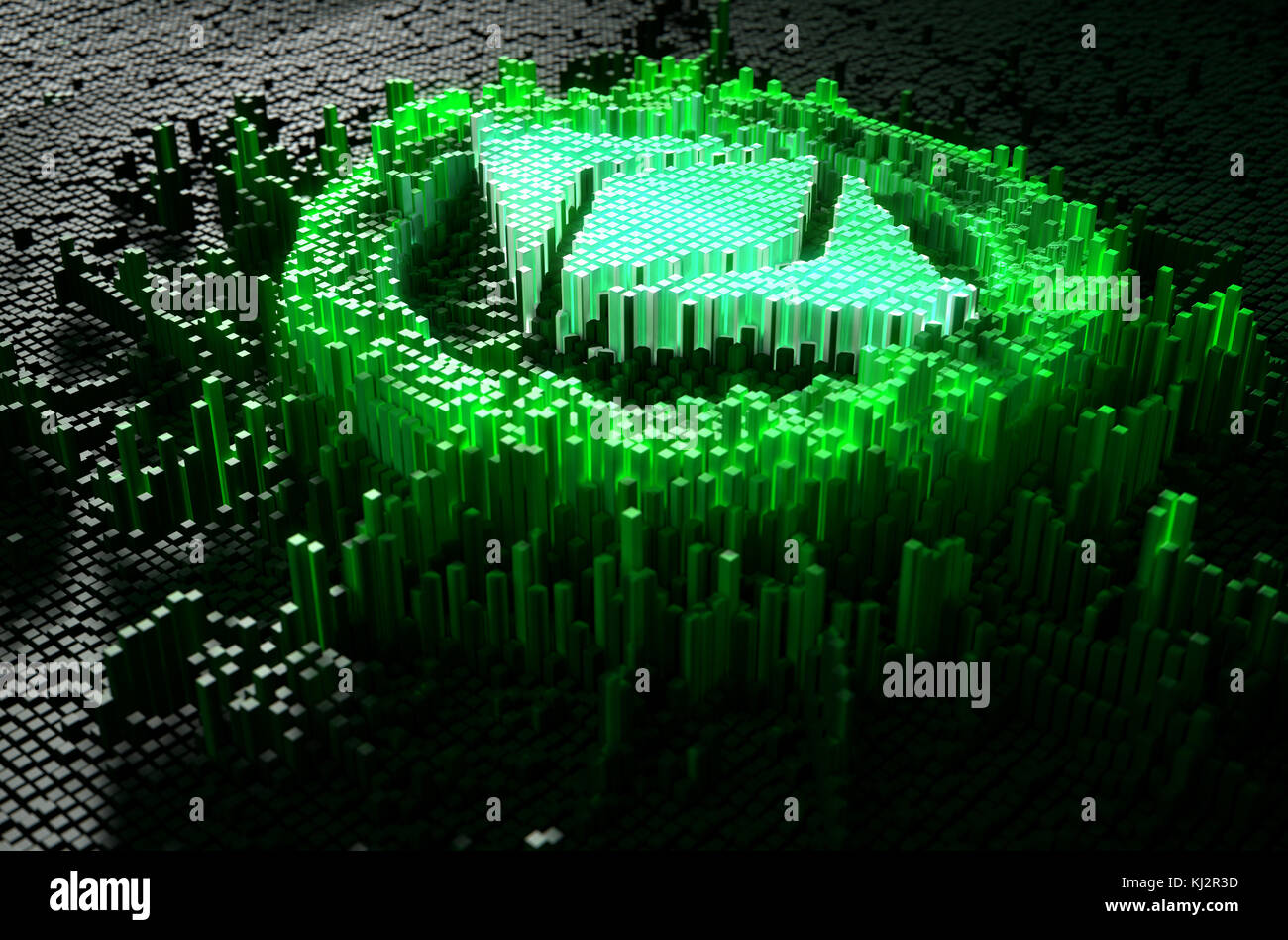 A microscopic closeup concept of small cubes in a random layout that build up to form the ethereum classic symbol illuminated - 3D render Stock Photo