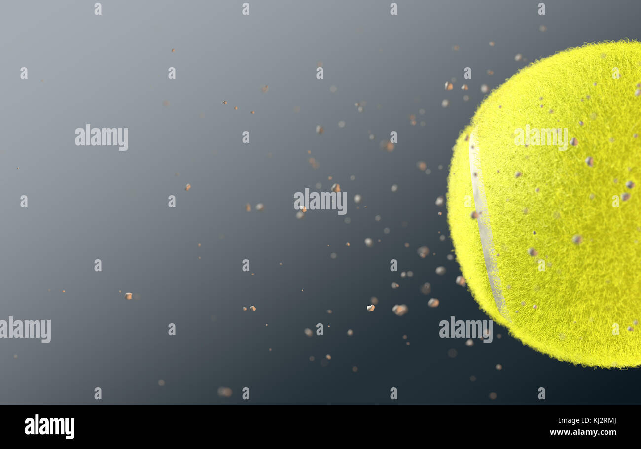A tennis ball caught in slow motion flying through the air scattering dirt particles in its wake - 3D render Stock Photo