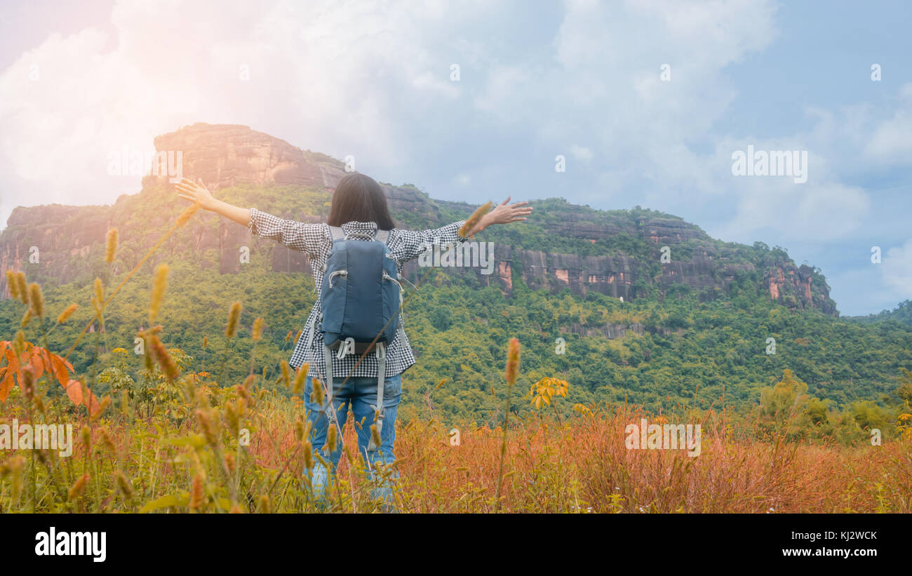 Asian woman backpacker enjoy the view at mountain Stock Photo - Alamy