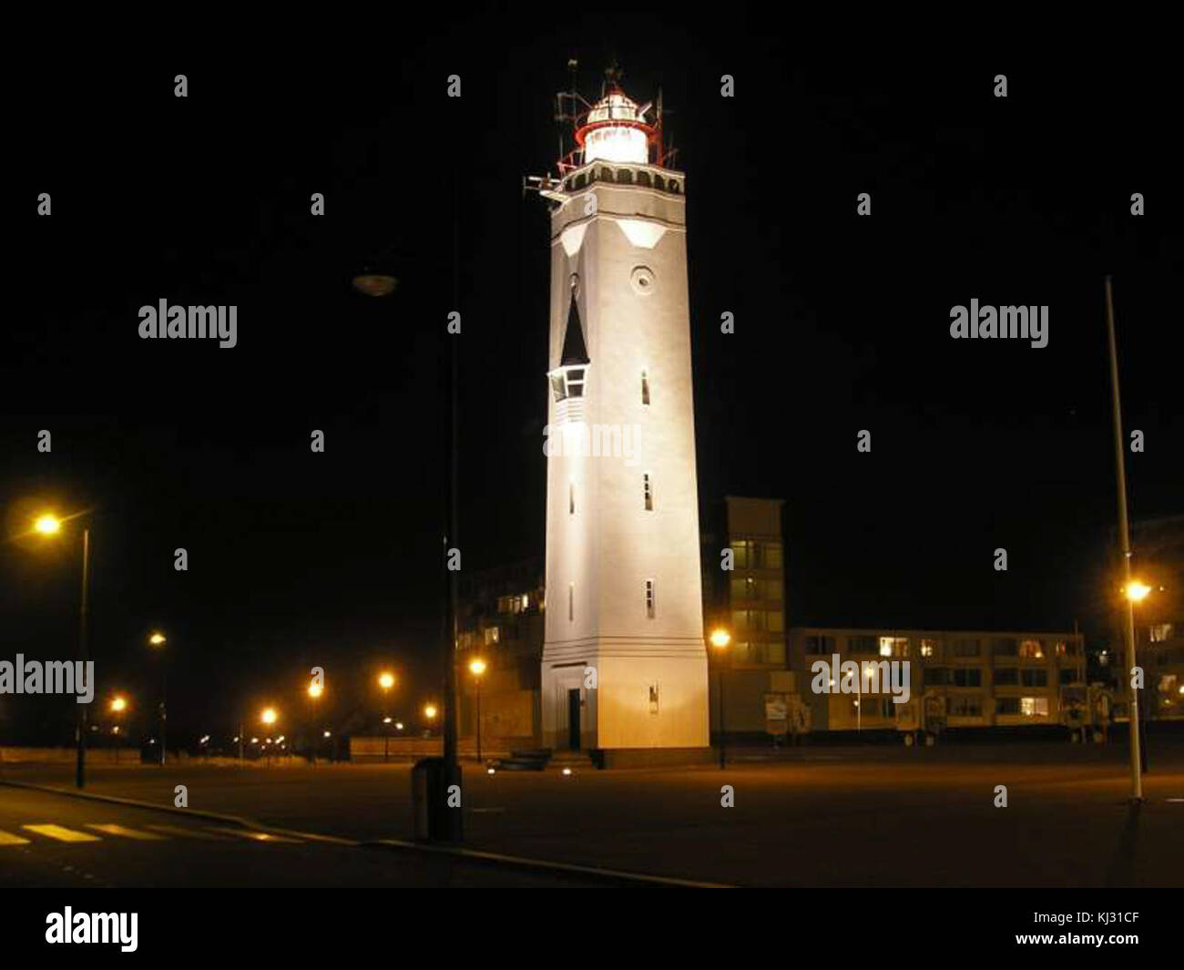 Noordwijk aan Zee - Vuurtoren bij nacht zijkant Stock Photo