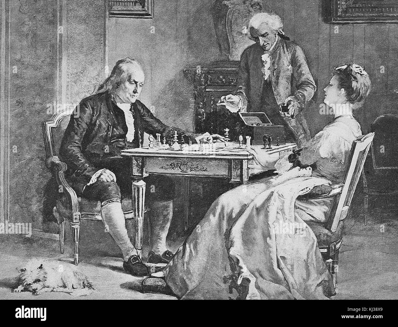 A painting of Benjamin Franklin playing chess with Lady Caroline Howe, the painting depicts Franklin being placed in checkmate by Lady Howe while a dog sleeps on the floor and Admiral Lord Richard Howe stands in the background, the chess games were the pretense under which Franklin met with the admiral, London, England, 1831. From the New York Public Library. Stock Photo