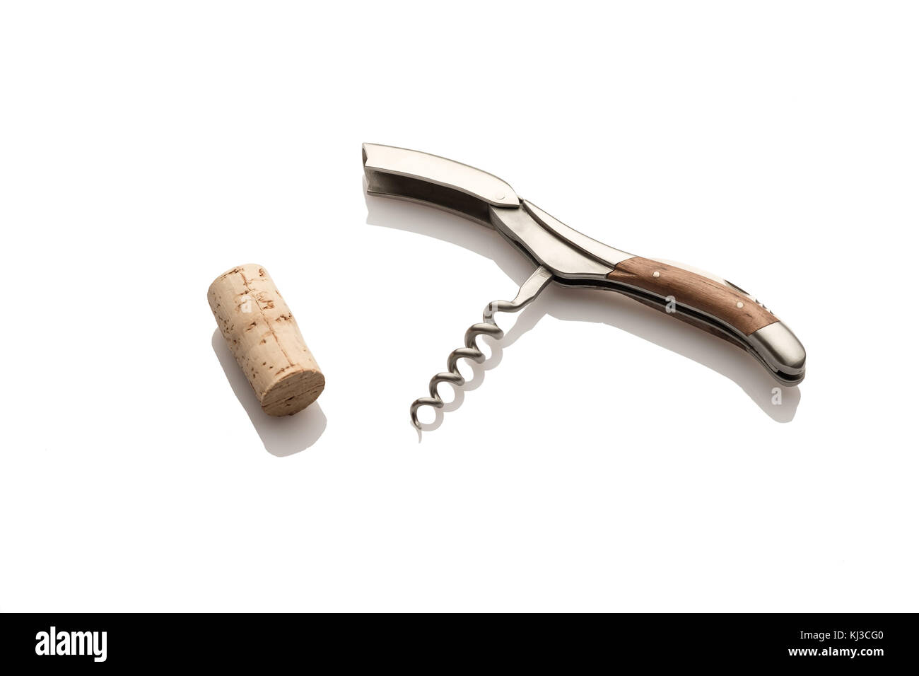 Waiter knife with corkscrew and wine cork wihte isolated Stock Photo