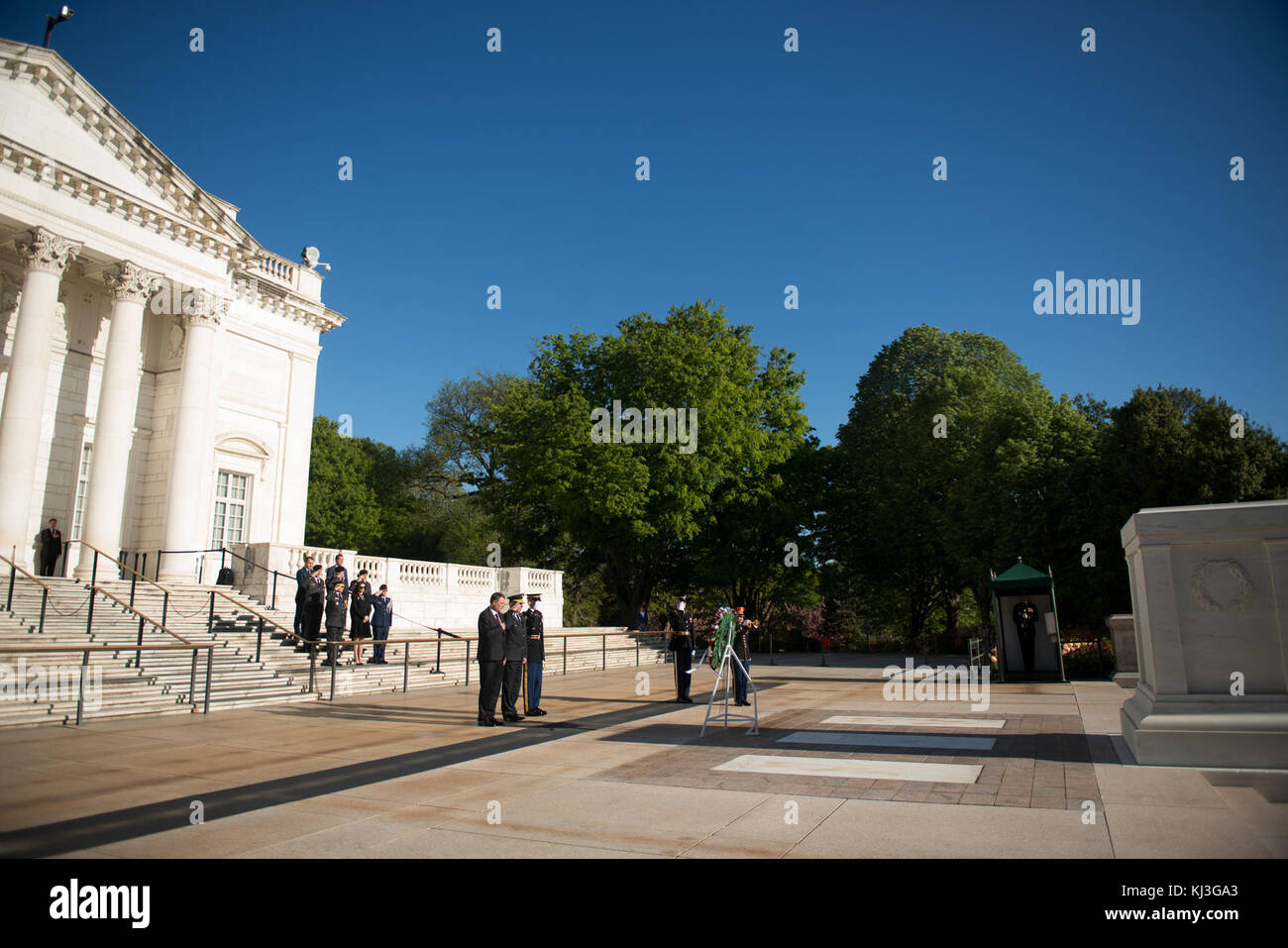 Minister of the Kosovo Security Force and Commander of the KSF lay a wreath at the Tomb of the Unknown Soldier in Arlington National Cemetery (25937056834) Stock Photo