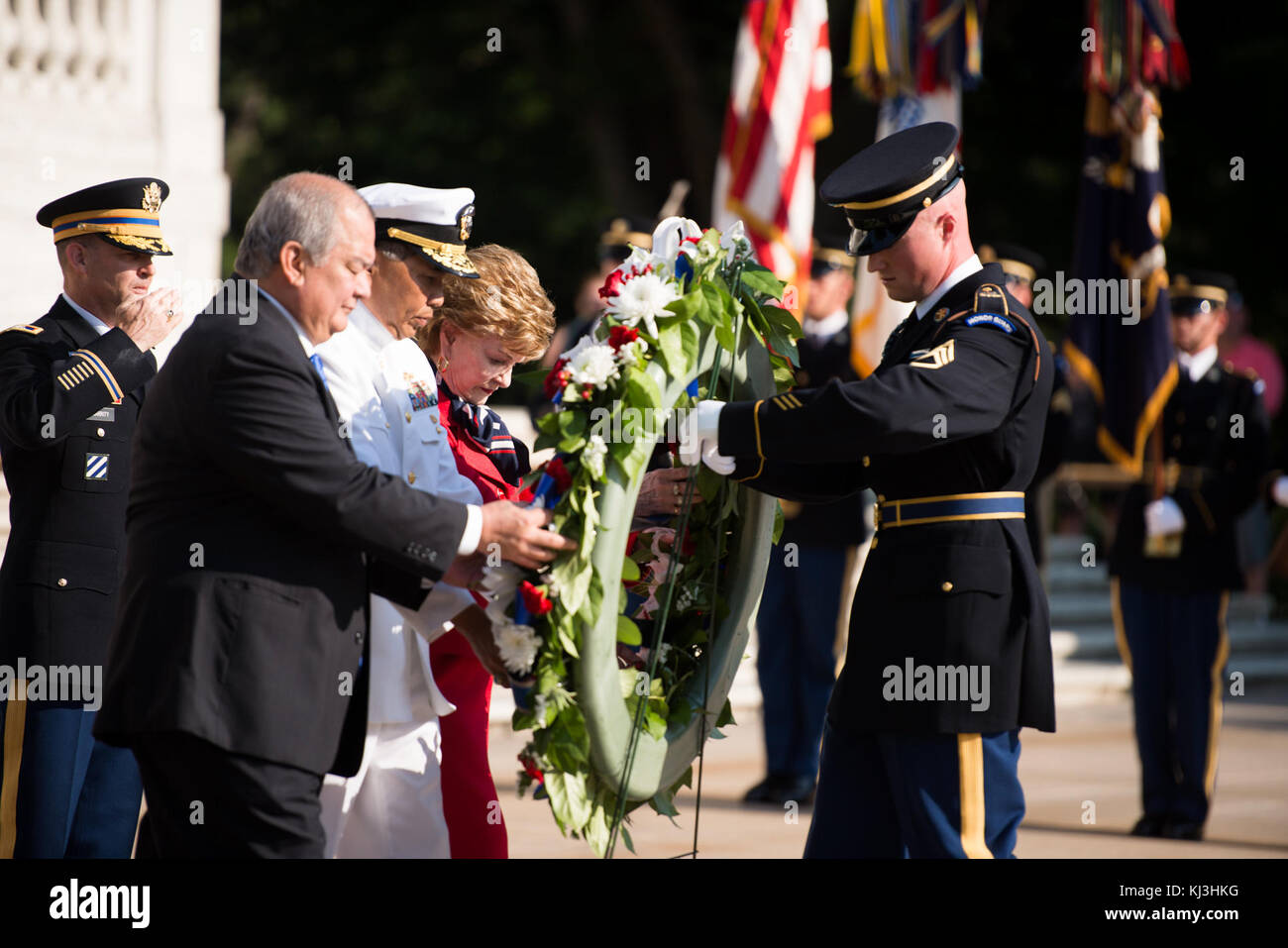 Full honors Army wreath laying at the Tomb of the Unknown Soldier in Arlington National Cemetery to honor the 72nd anniversary of the Liberation of Guam and the battle for the Northern Mariana Islands (28175174545) Stock Photo