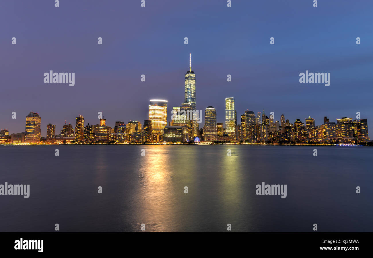 New York City Manhattan skyline at dusk over Hudson River viewed from ...