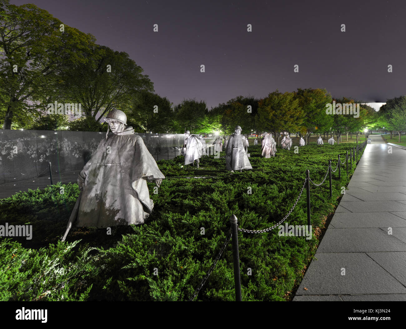 Korean War Veterans Memorial at night, located in National Mall in