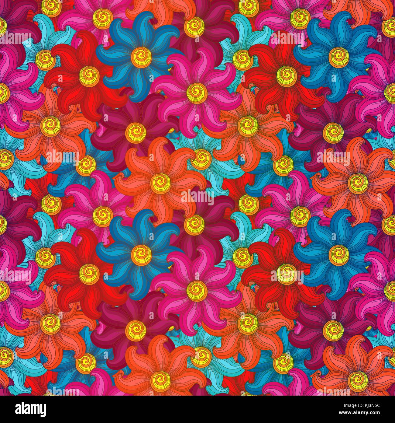 Seamless floral vector pattern with colorful stylized flowers in red, pink, blue, orange and yellow hues Stock Vector