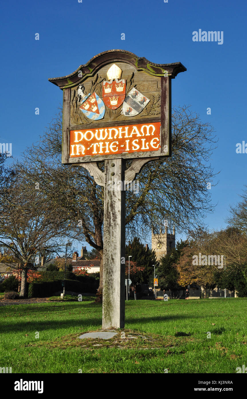 Village sign, Little Downham, Near Ely, Cambridgeshire, England, UK Stock Photo