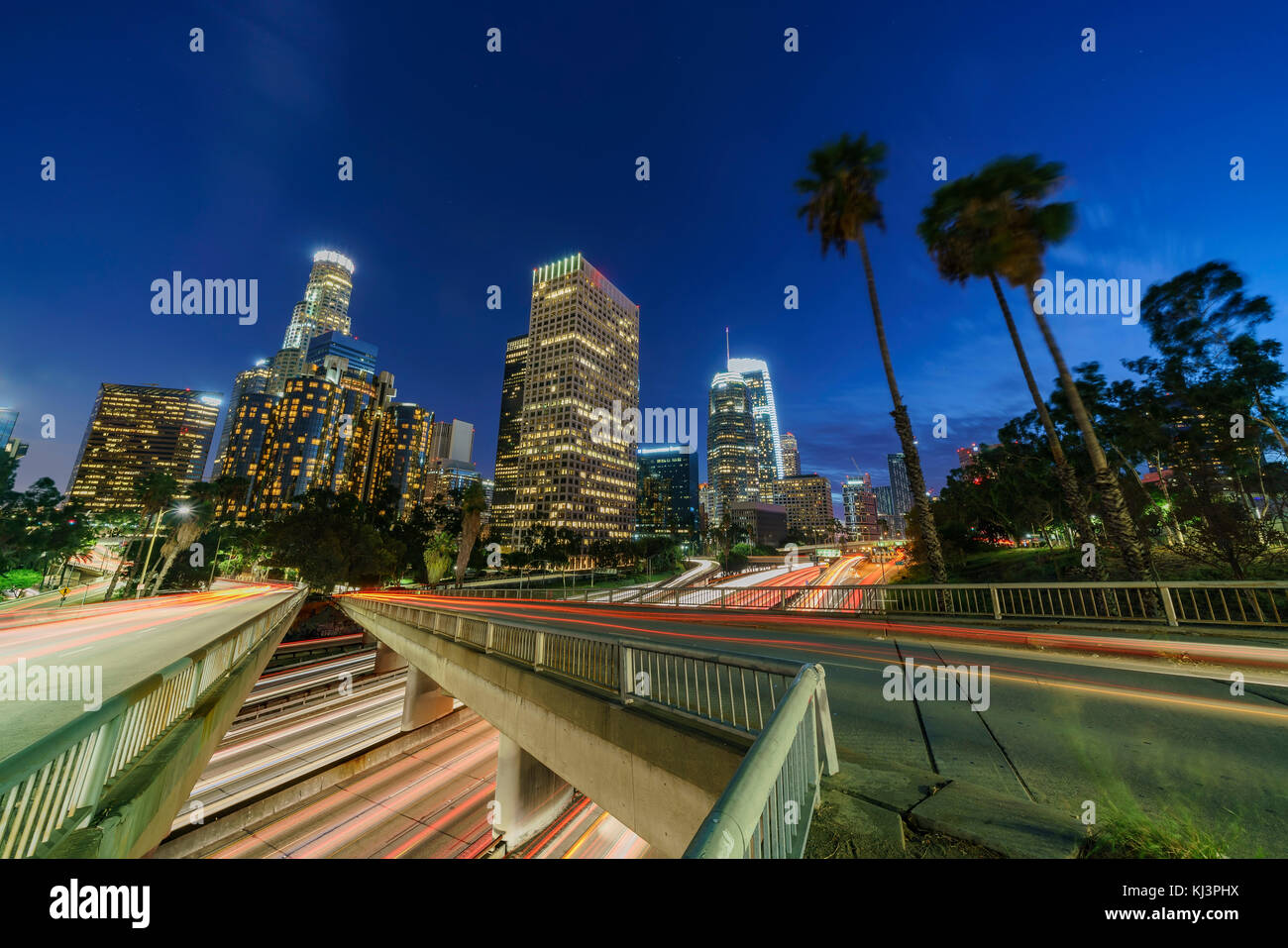 Classical nightscape skyline of Los Angeles downtown, California, United States Stock Photo
