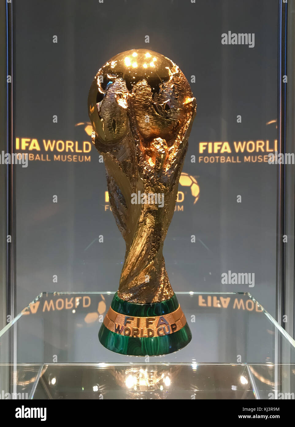 Zurich, Switzerland - 12 Nov 2017: The FIFA World Cup trophy, exhibited at the FIFA World football museum in Zurich, Switzerland. Stock Photo
