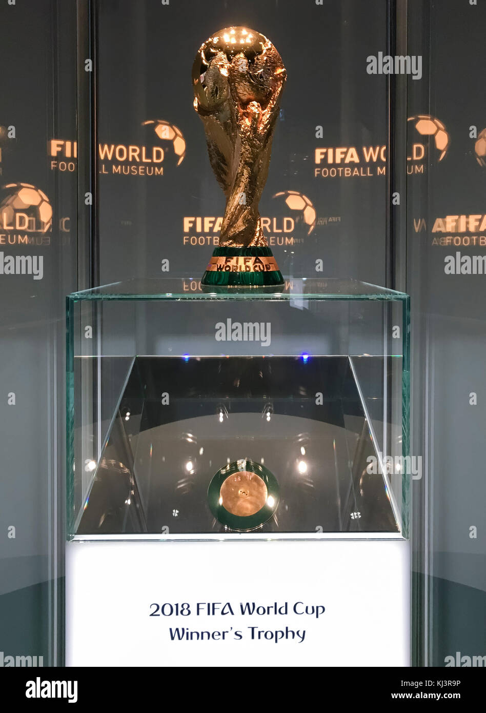 Zurich, Switzerland - 12 Nov 2017: The FIFA World Cup trophy, exhibited at the FIFA World football museum in Zurich, Switzerland. Stock Photo