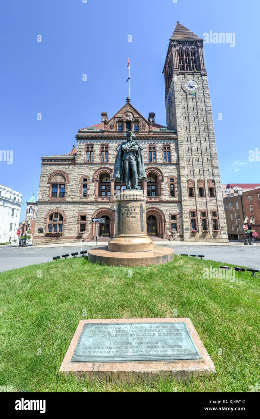 ALBANY, NEW YORK - JULY 6, 2014: Monument to Philip John Schuyler in front of the Albany City Hall. American Revolutionary officer who served in the F Stock Photo
