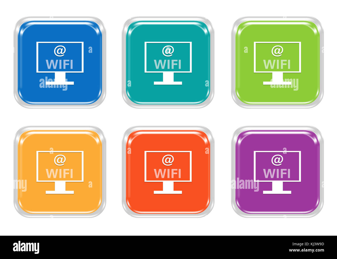 Round Button Network Display Set of rounded square colorful buttons with computer display and wifi ...