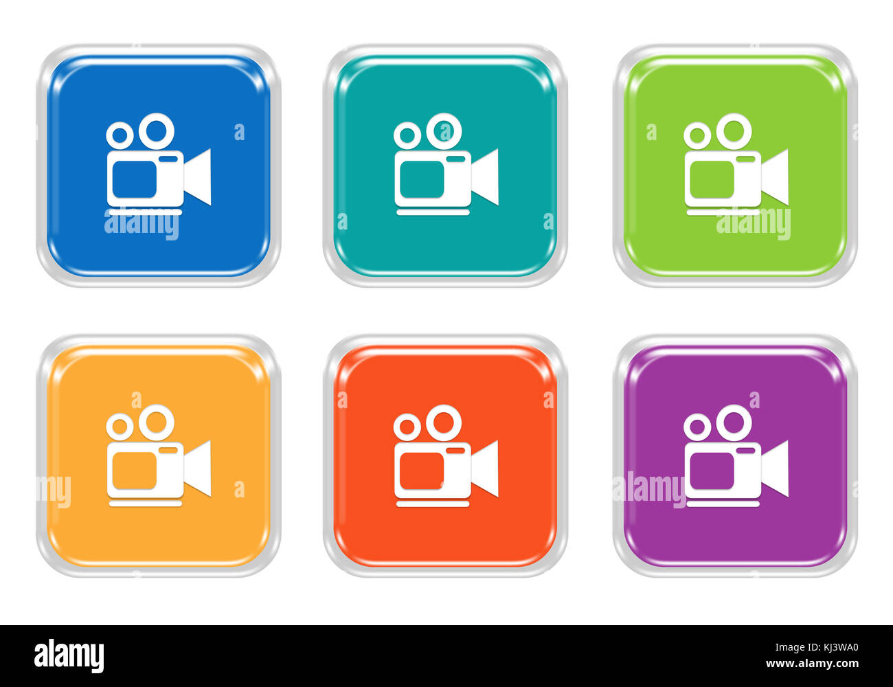 Set of rounded square colorful buttons with camcorder symbol in blue