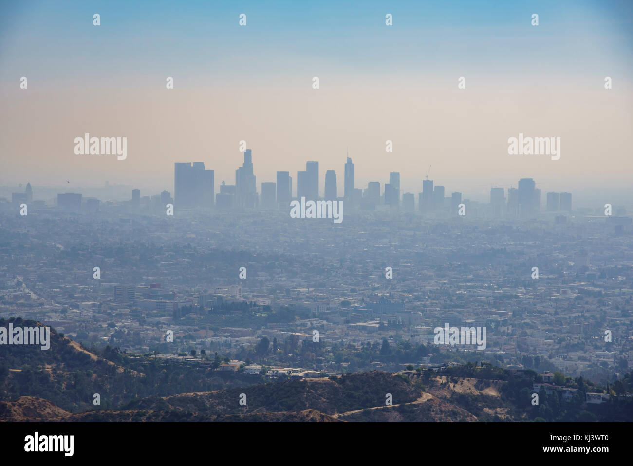 Haze look of Los Angeles downtown skyline from Hollywood Trail ...