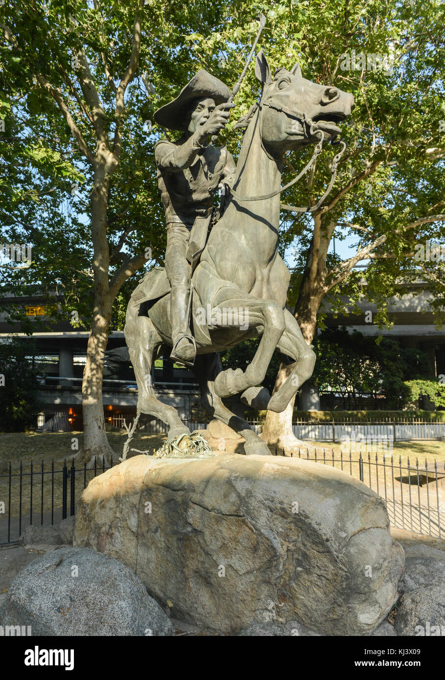 Pony Express Statue in Old Sacramento State Historic Park. Stock Photo