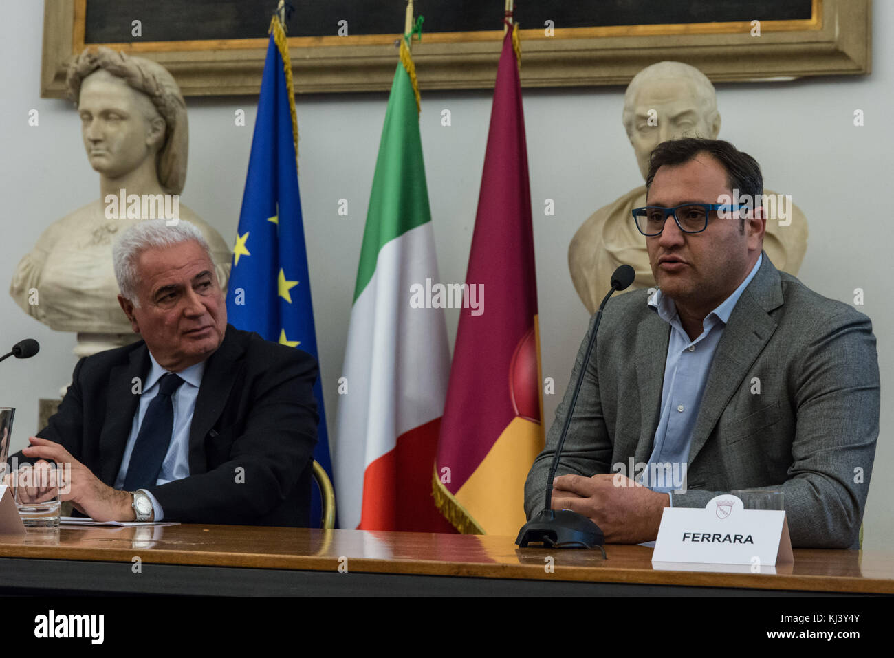 Rome, Italy. 20th Nov, 2017. Domenico Vulpiani and Paolo Ferrara during Press conference of the mayor of Rome Virginia Raggi presents the project of redevelopment of the coast of Ostia, after the victory of the Movimeto five stars (M5S) of the tenth town Hall on November 20, 2017 in Rome, Italy Credit: Andrea Ronchini/Pacific Press/Alamy Live News Stock Photo