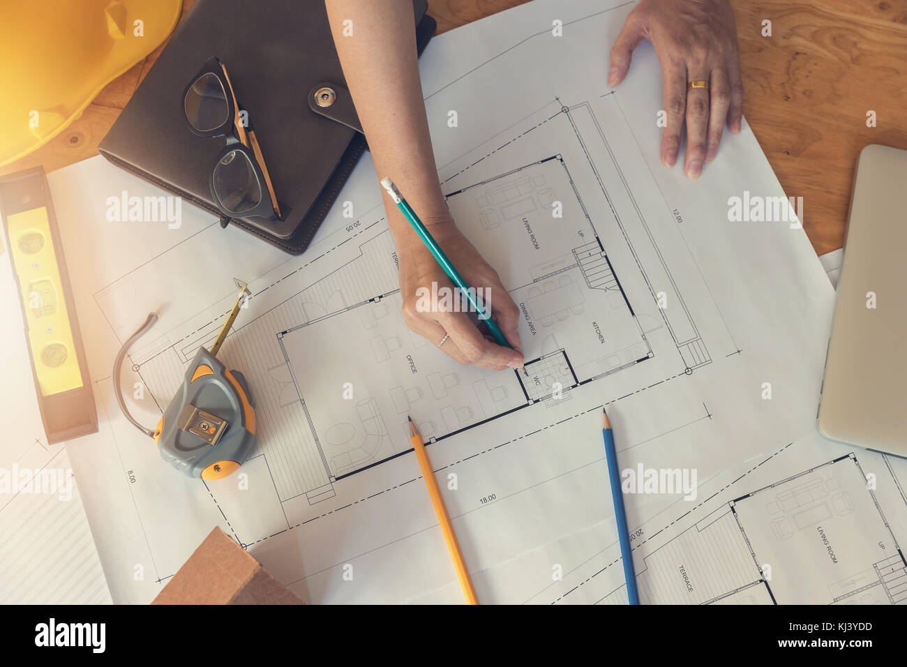 Engineer and Architect concept, Engineer Architects office team working with blueprints, Vintage