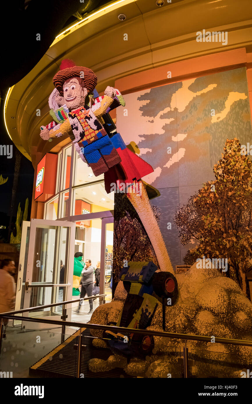 Anaheim, NOV 11: Woody toy story lego statue in the famous Downtown Disney District, Disneyland Resort on NOV 11, 2017 at Anaheim, Orange County, Cali Stock Photo