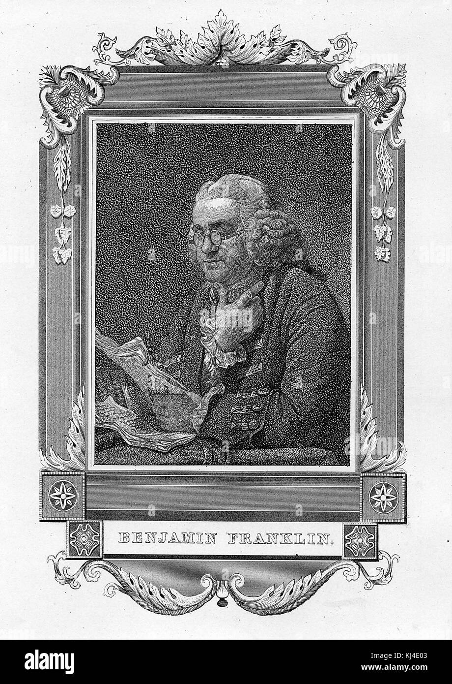 Engraved portrait of Benjamin Franklin, sitting at a desk, reading papers, surrounded by an ornate frame with a name plate at the bottom, 1831. From the New York Public Library. Stock Photo