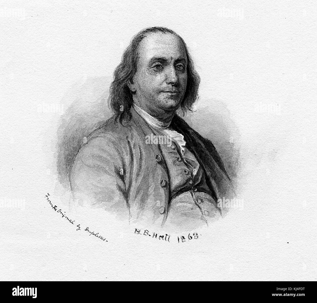 Engraved portrait of a younger Benjamin Franklin by HB Hall, 1868. From the New York Public Library. Stock Photo