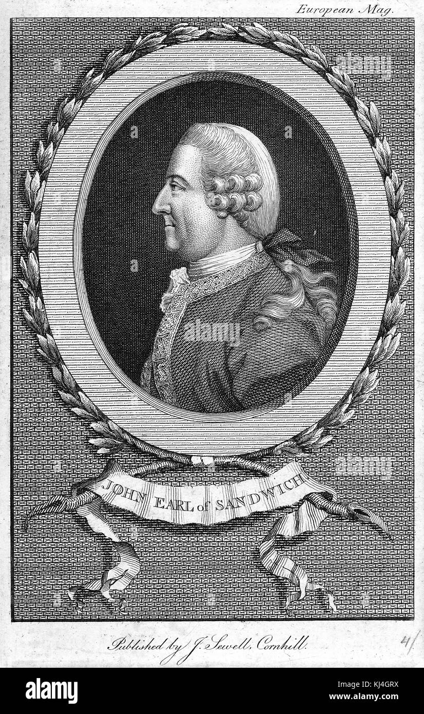 An engraving from a portrait of John Earl of Sandwich, depicted is John Montagu 4th Earl of Sandwich, he claimed to be the inventor of the eponymous sandwich and held many political and military posts during his career, the portrait is surrounded by an ornately decorated illustrated frame ringed by laurels, 1900. From the New York Public Library. Stock Photo