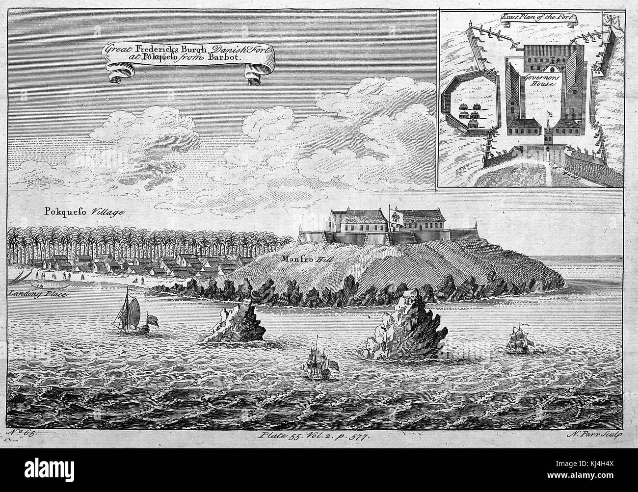 An engraving from an illustration of Great Fredericks Burg, which was a Danish fort, the image diagrams the locations of the landing area, Pokqueso Village, and shows that the fort is located on top of Mansro Hill, ships can be seen sailing between large rocks in rising out of the water, 1746. From the New York Public Library. Stock Photo