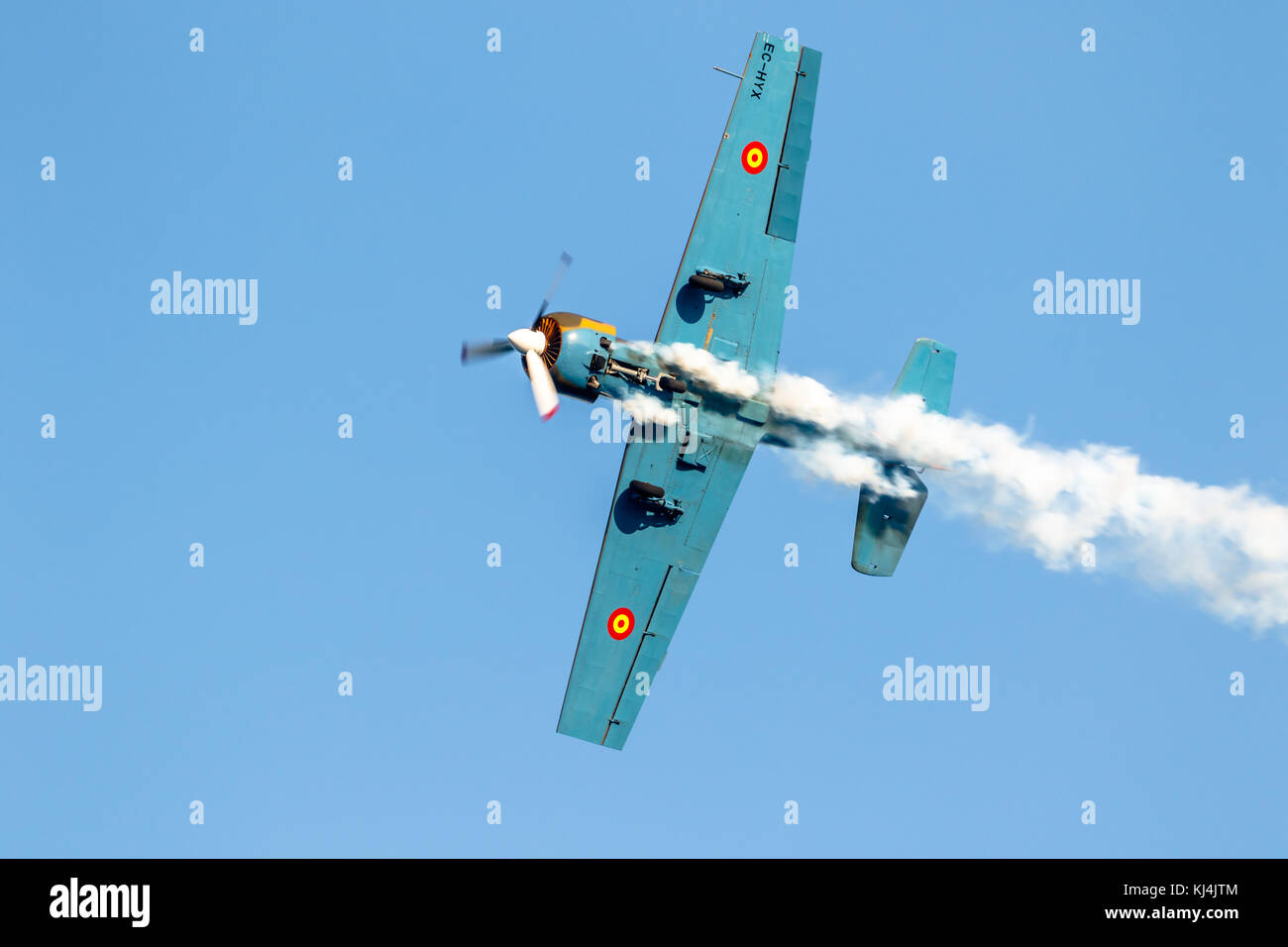 TORRE DEL MAR, MALAGA, SPAIN-JUL 29: Aircraft Yakolev Yak-52 of Salva Ballesta taking part in a exhibition on the 2nd airshow of Torre del Mar on July Stock Photo