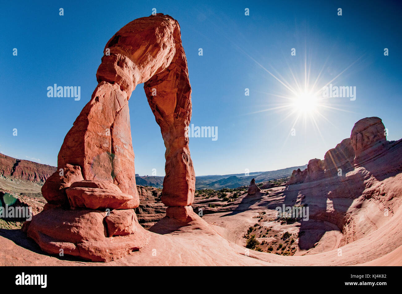 A fish-eye view of Delicate Arch at the sunset in Arches National Park Stock Photo