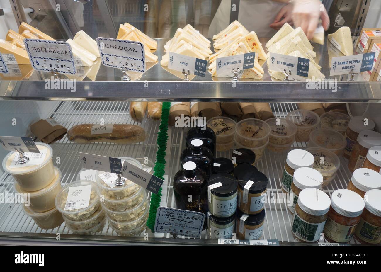 Vegan, dairy free cheese on display at The Herbivorous Butcher shop in Minneapolis, Minnesota, USA. Stock Photo