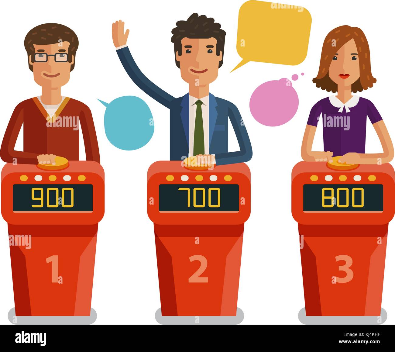 Quiz show, game concept. Players answering questions standing at stand with  buttons. Vector flat illustration Stock Vector Image & Art - Alamy