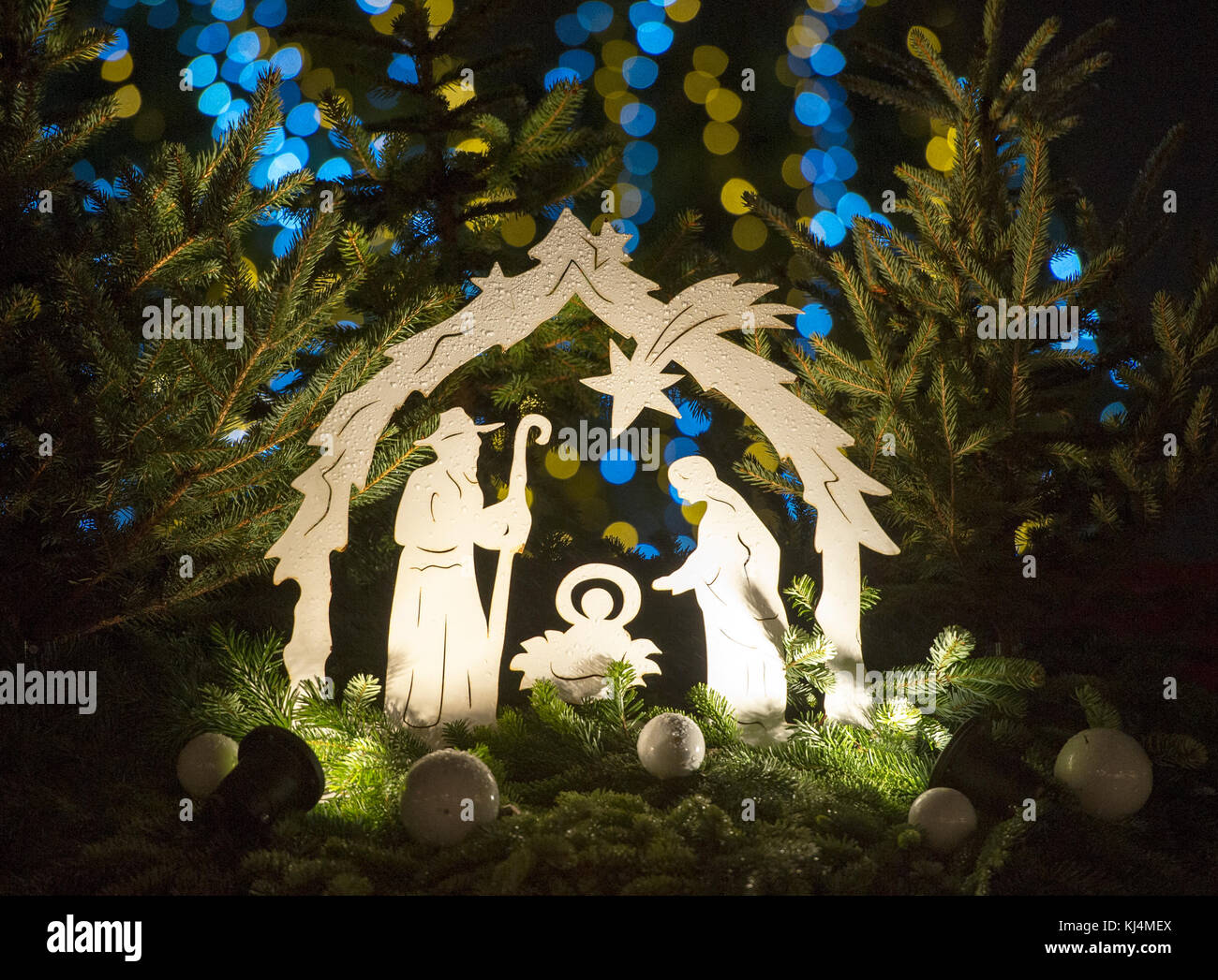 Nativity scene Christmas tree decoration at the Edinburgh Christmas market. Stock Photo