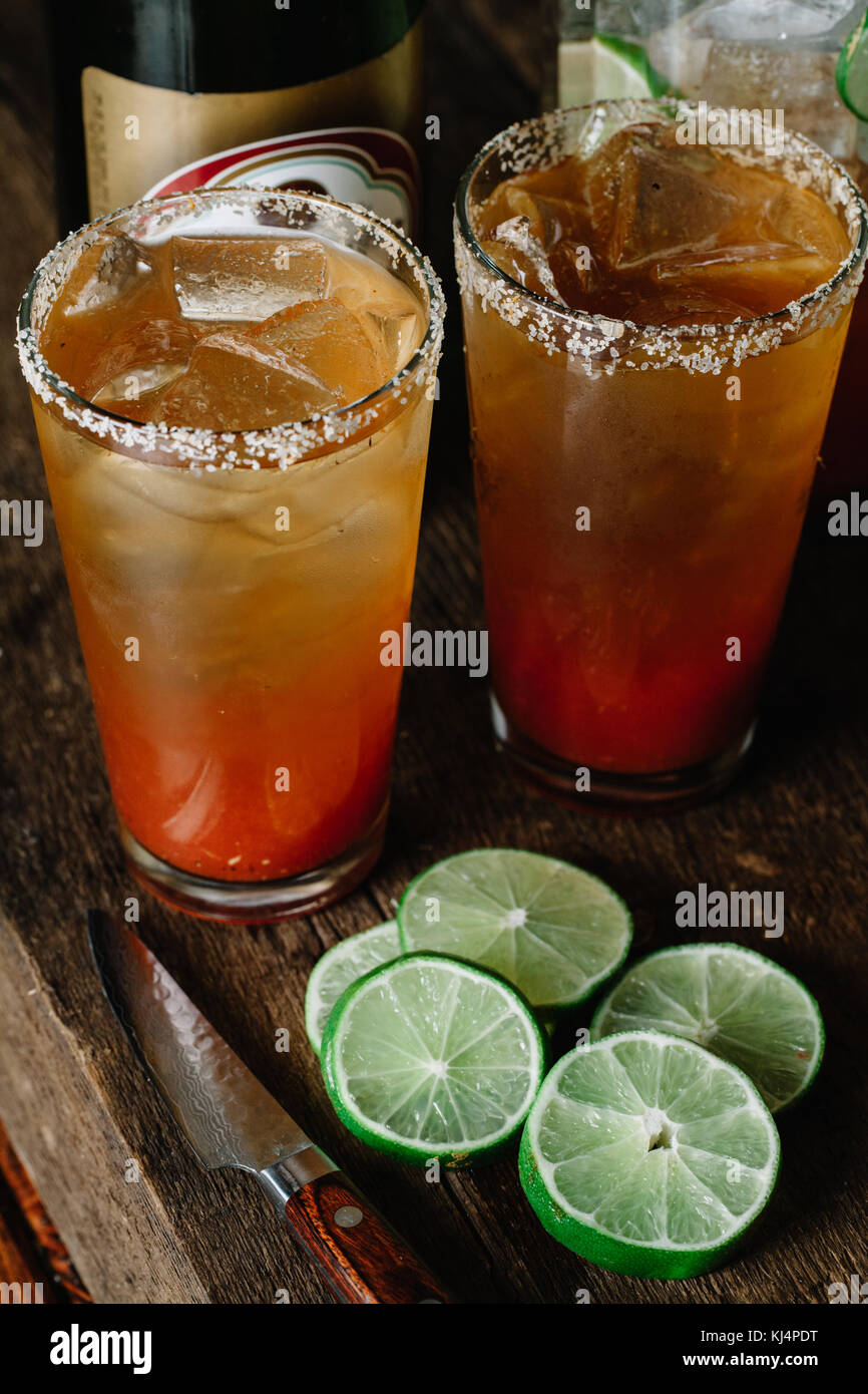 Two Glass Of Beer With Mexican Michelada Mix Stock Photo Alamy