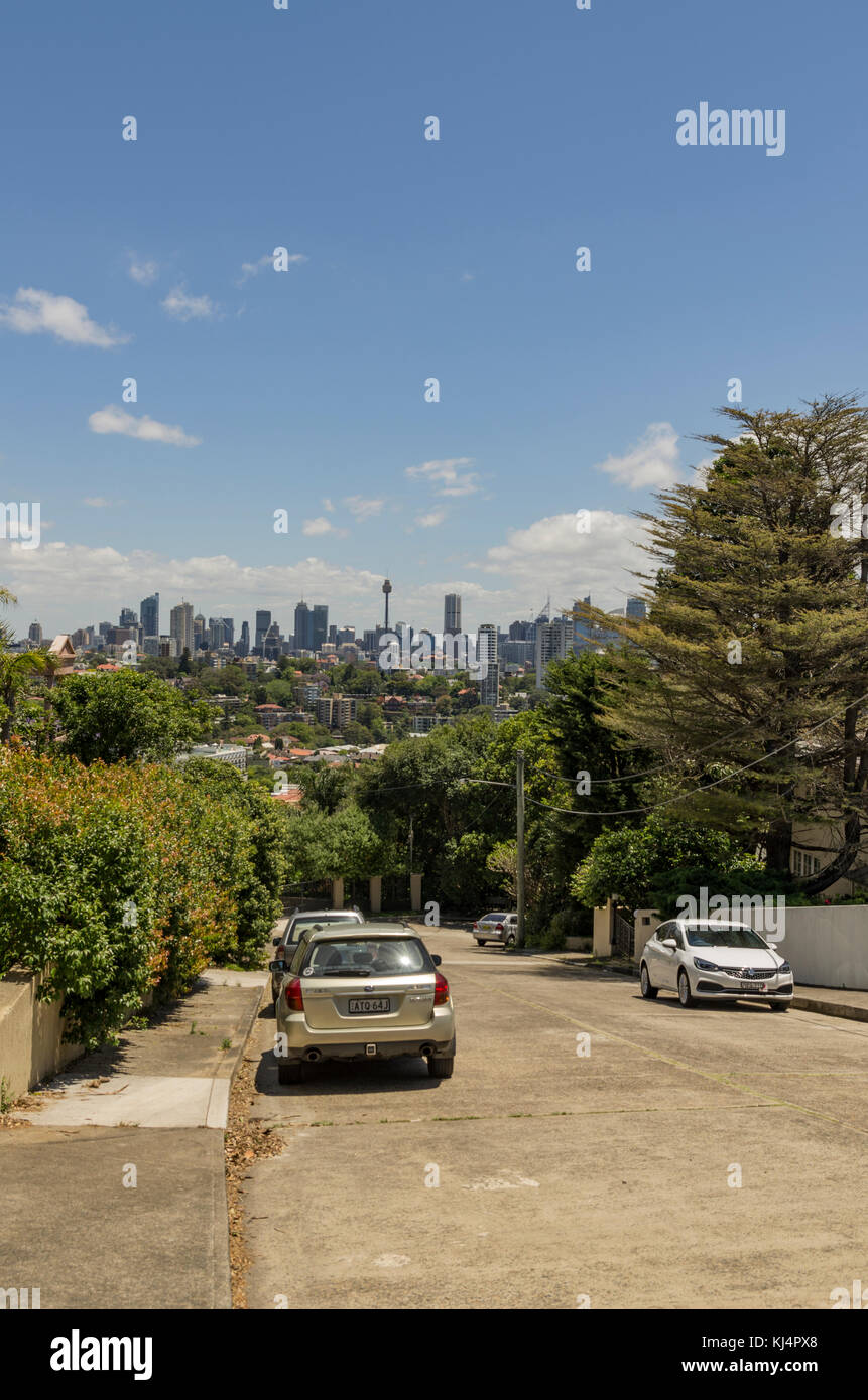 View of Sydney CBD from Sheldon Place, in Bellevue Hill, Eastern Suburbs, Sydney Stock Photo