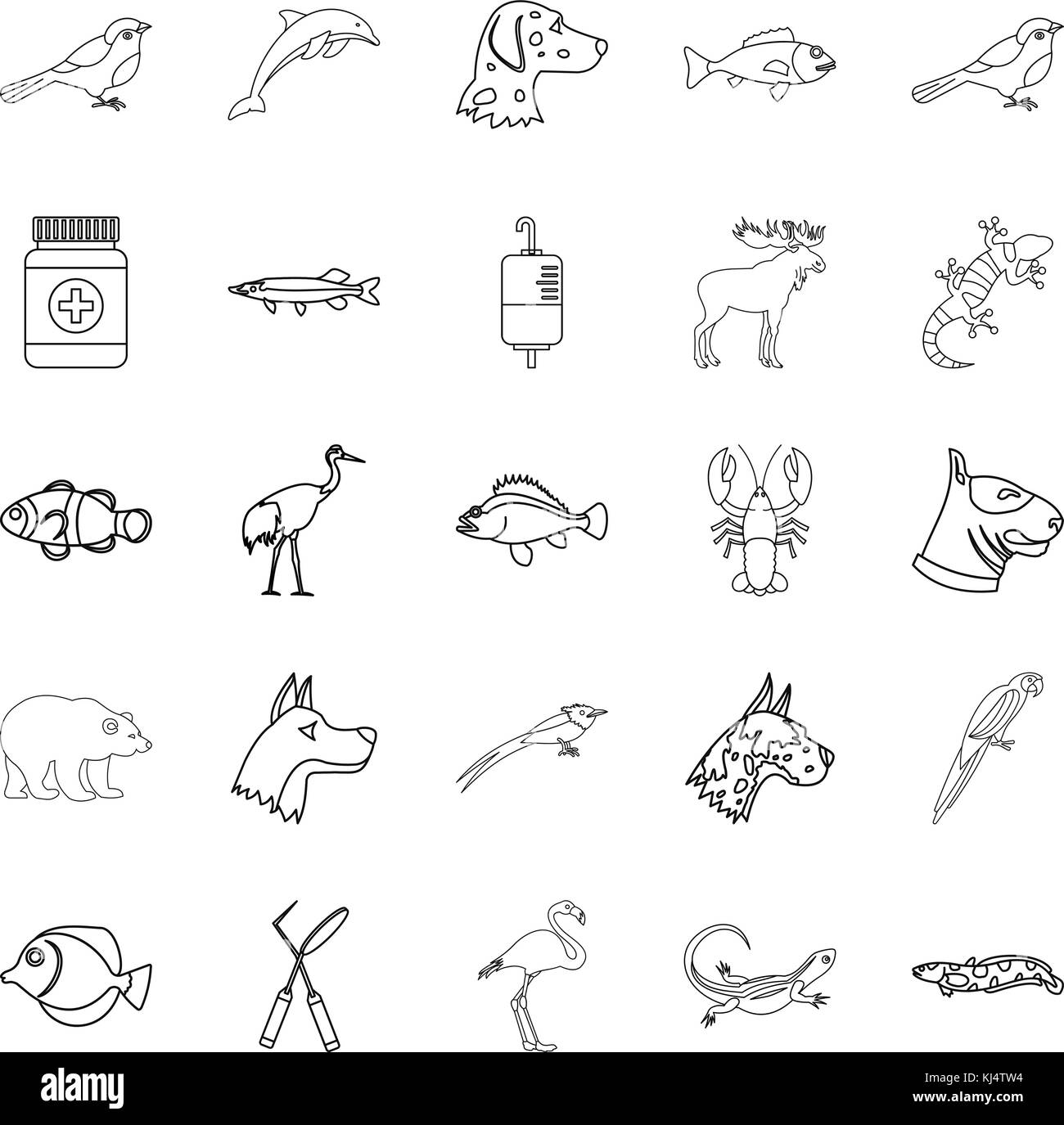 Sick animal icons set, outline style Stock Vector