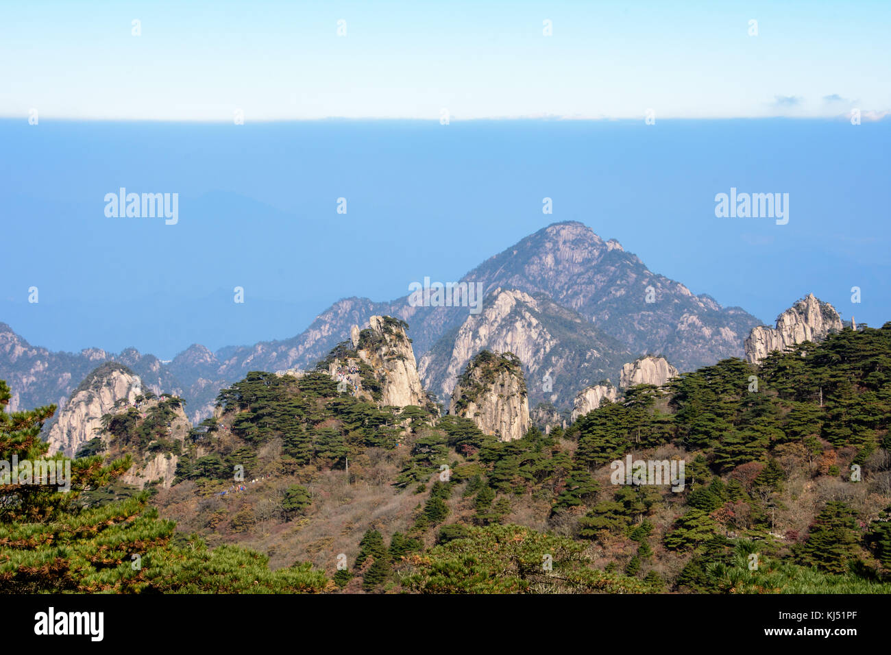 View from above looking over some peaks of Yellow Mountain in China Stock Photo