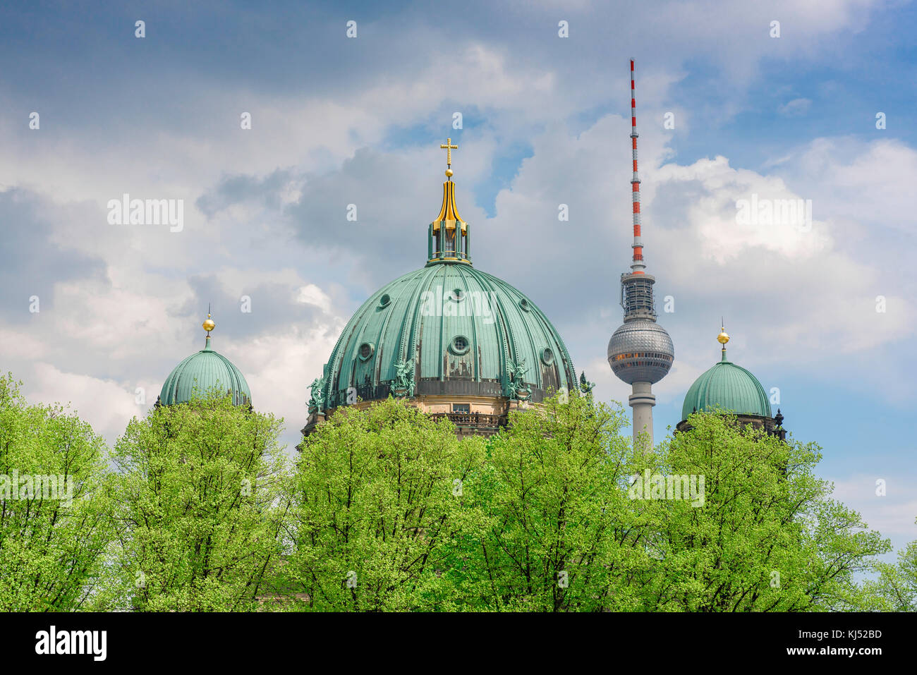 Berlin skyline, a view of contrasting images of the trees of the Lustgarten,the Berliner Dom and the Fernsehturm TV tower, Germany. Stock Photo