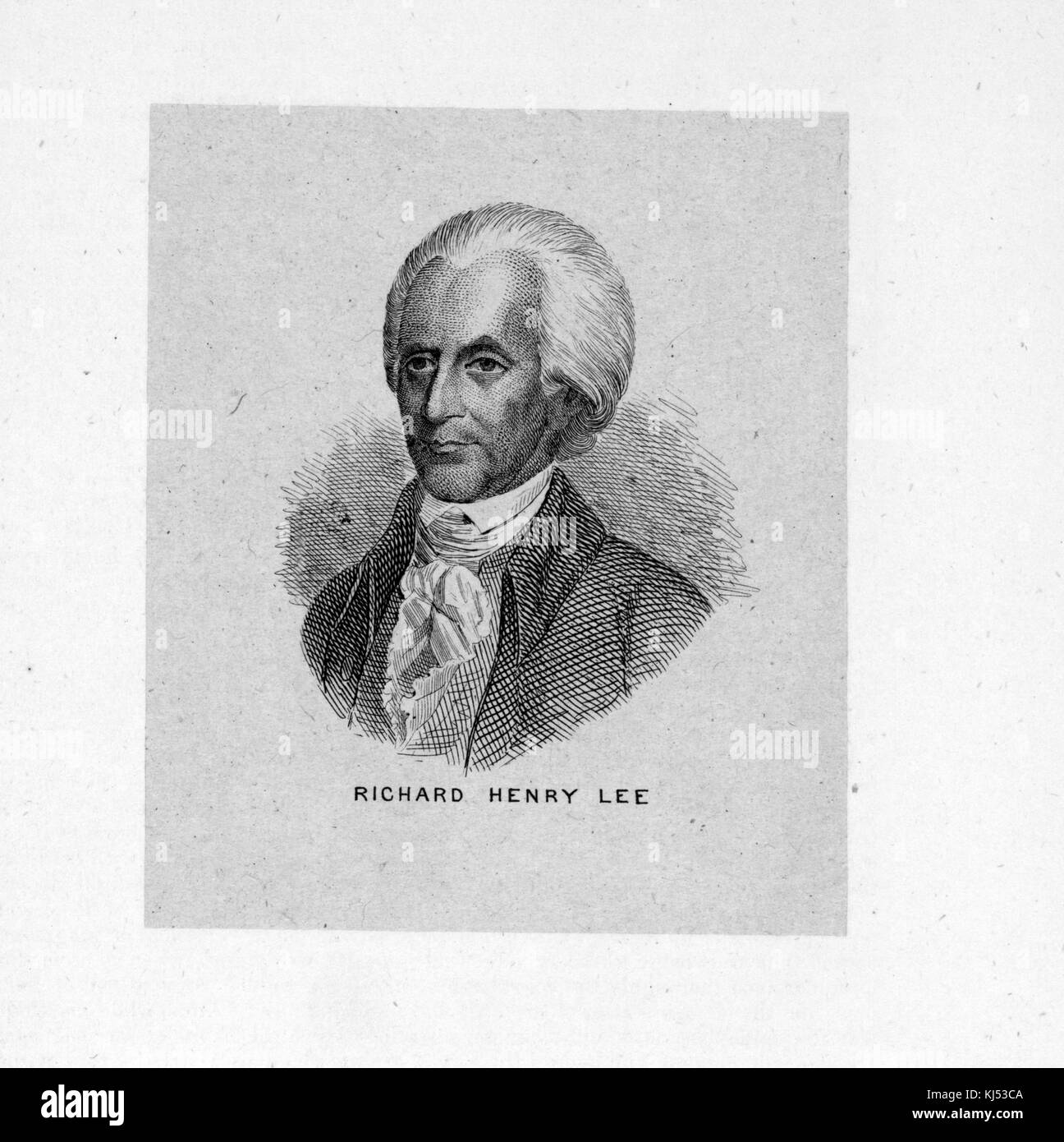 An engraving from a portrait of Richard Henry Lee, he was an American politician who became most famous for his motion in the Second Continental Congress calling for the colonies to declare independence from Great Britain, he signed both the Articles of Confederation and the Declaration of Independence, 1880. From the New York Public Library. Stock Photo