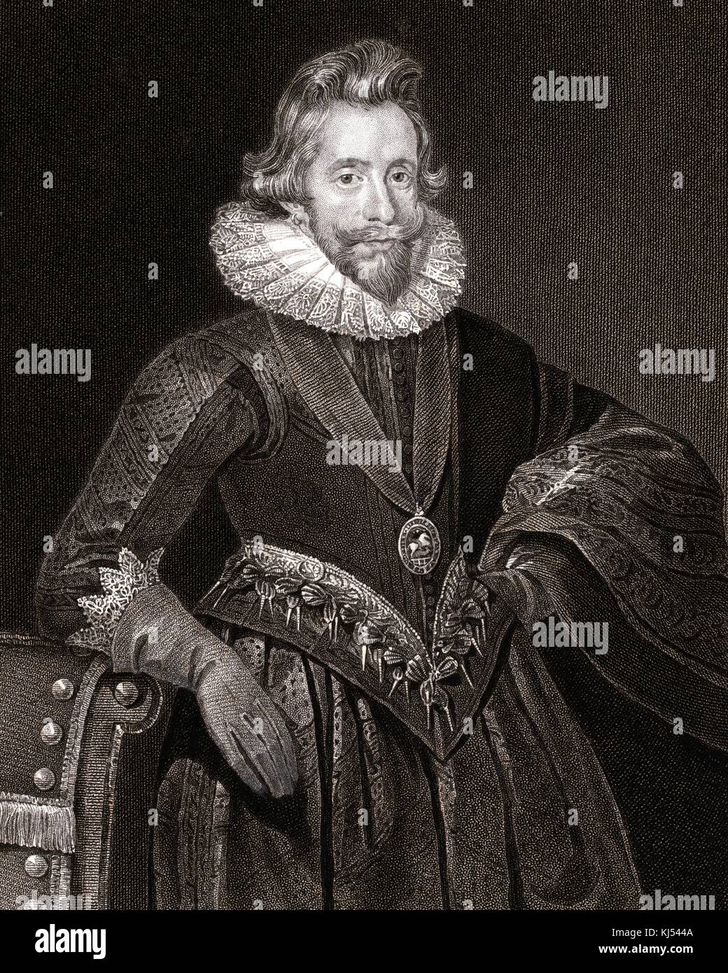 An engraving from a portrait of Henry Wriothesley, who was the Third Earl of Southampton, William Shakespeare dedicated two narrative poems to him and he is also thought to be the Fair Youth that appears in Shakespeare's Sonnets, 1880. From the New York Public Library. Stock Photo