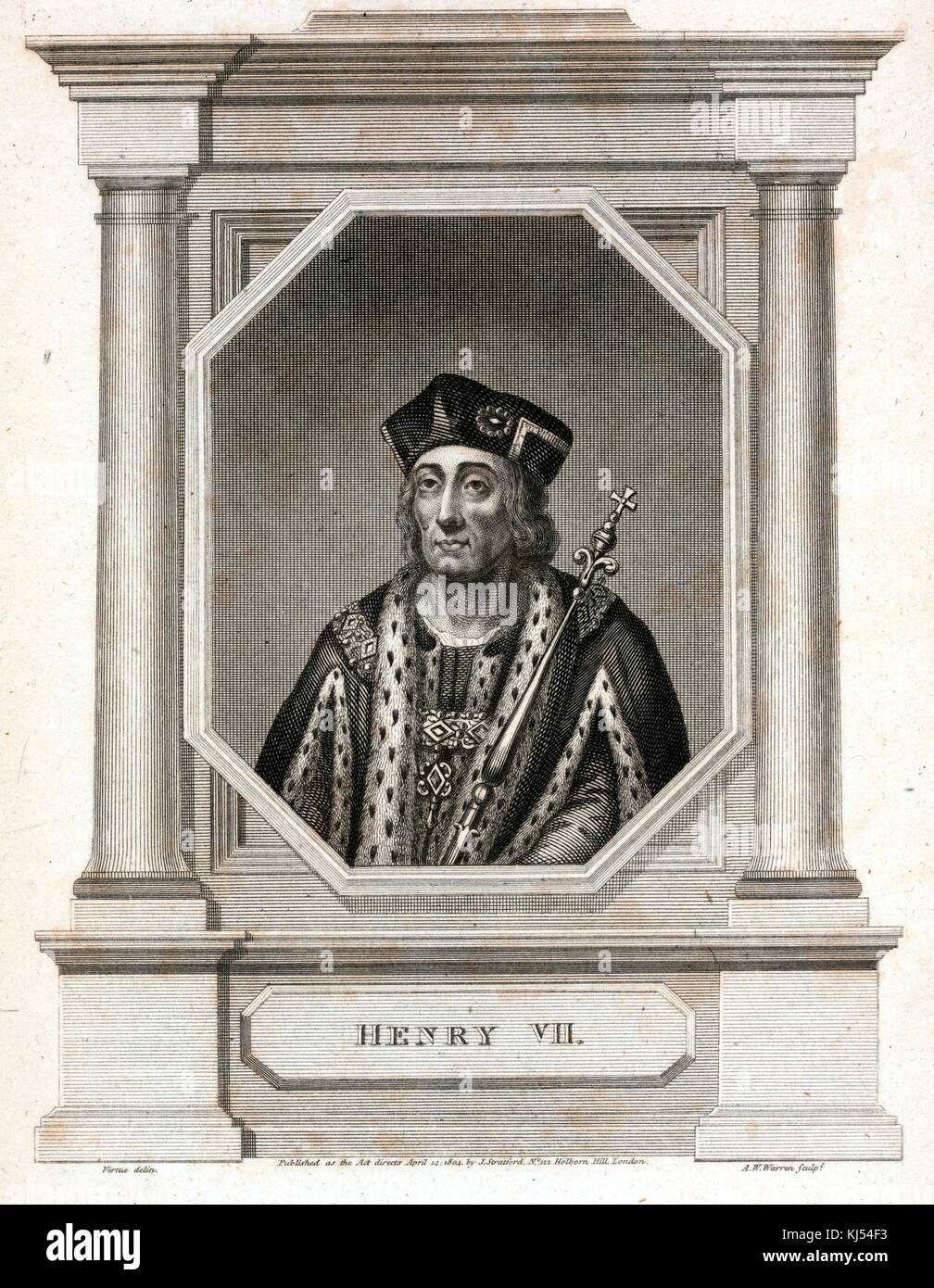 An engraving from a portrait of King Henry VII, he was the last King of England to gain power through battle, he establish the House of Tudor and is credited with restoring political stability in England, his portrait is surrounded by an illustration of a carved stone stand bearing his name, 1880. From the New York Public Library. Stock Photo