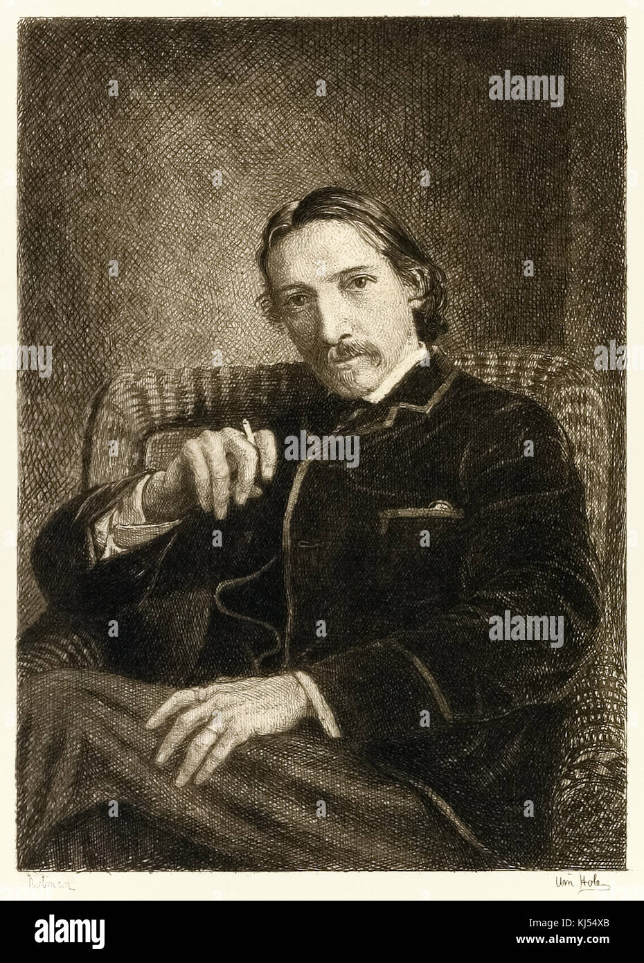 Robert Louis Stevenson (1850-1894) British author best known for his bestselling books ‘Treasure Island’, ‘Kidnapped’ and the ‘Strange Case of Dr Jekyll and Mr Hyde.’ Illustration by William Brassey Hole (1846-1917). Stock Photo