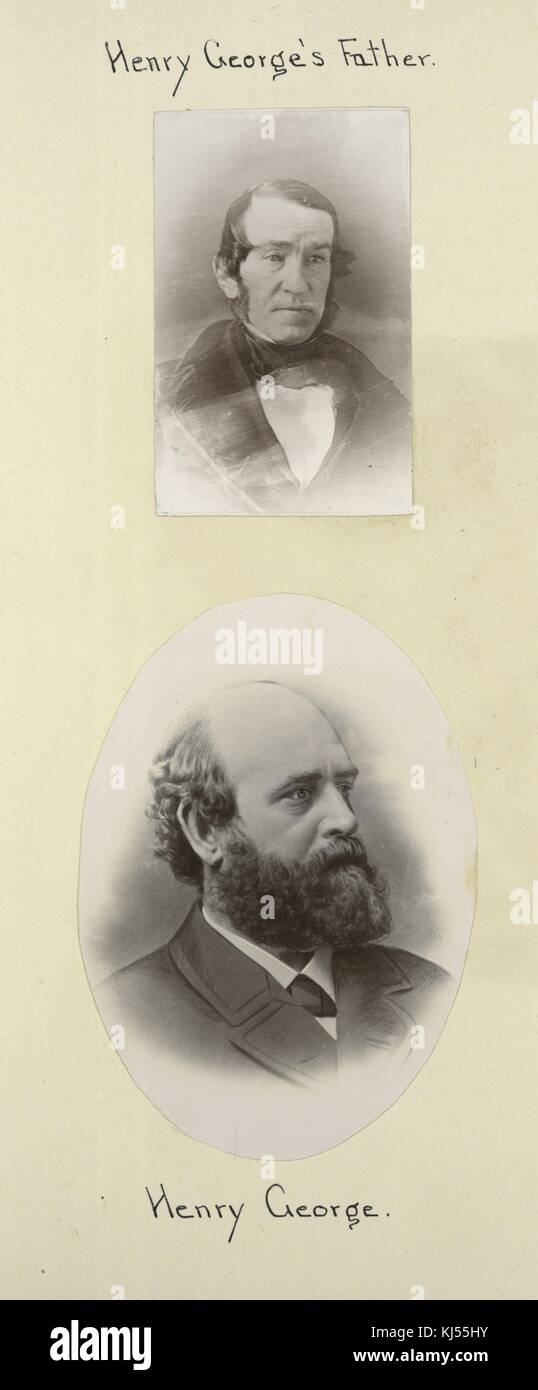 Two images are presented, the top image is a portrait that depicts a man identified as Henry George's father, the bottom image is a photographic portrait of Henry George, he was a political economist and journalist who believed that revenue generated from land and resource rentals should be put to public use or redistributed, 1900. From the New York Public Library. Stock Photo