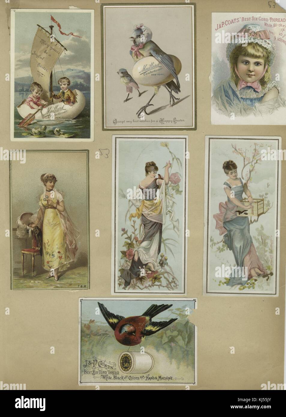 Easter and trade cards depicting women, children, birds, eggs, thread, a birdcage and a boat made from an egg, 1883. From the New York Public Library. Stock Photo