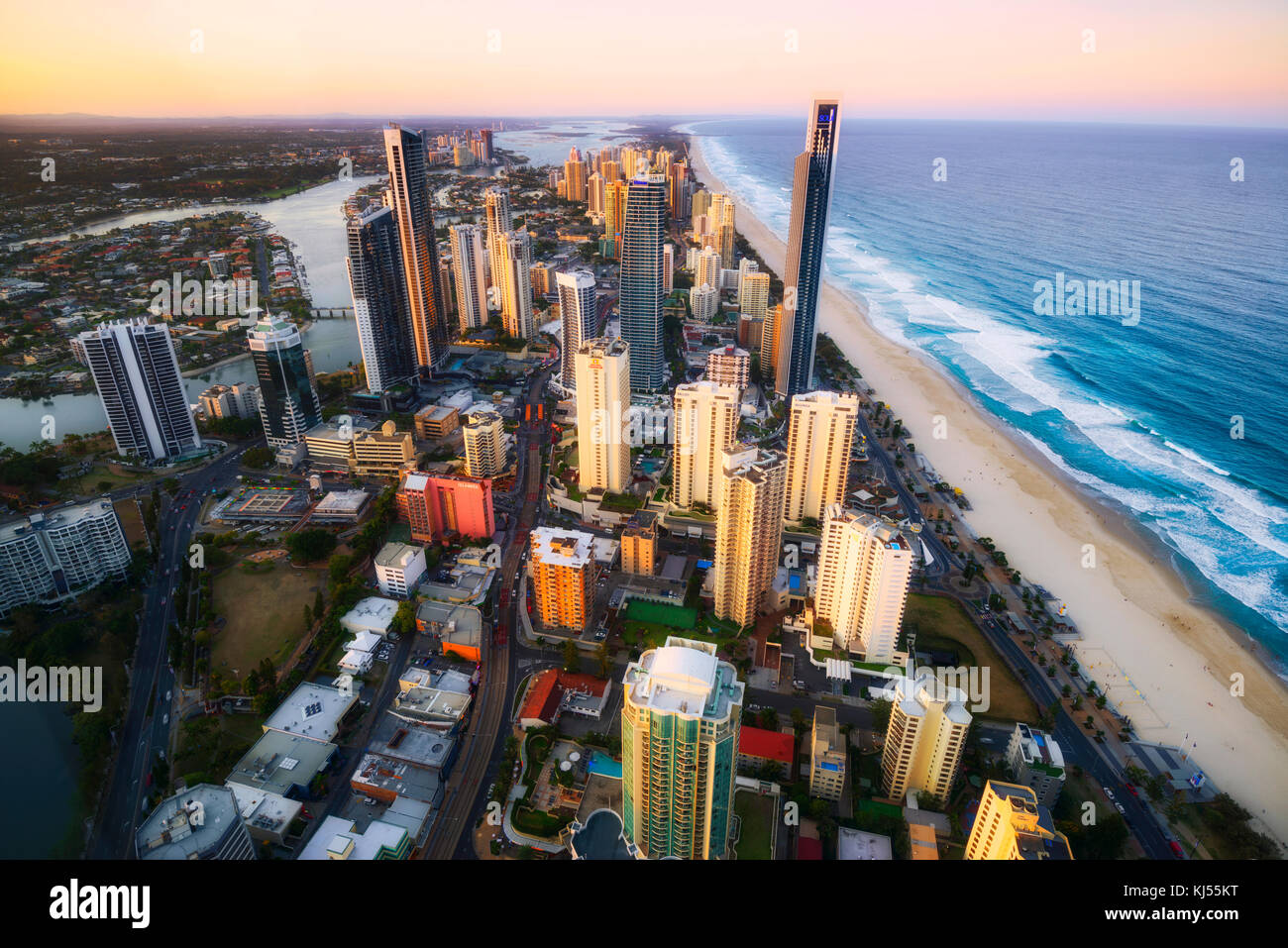 View of the Surfers Paradise on the Gold Coast, Queensland, Australia from the SkyPoint Observation Deck at Q1 Building. Stock Photo