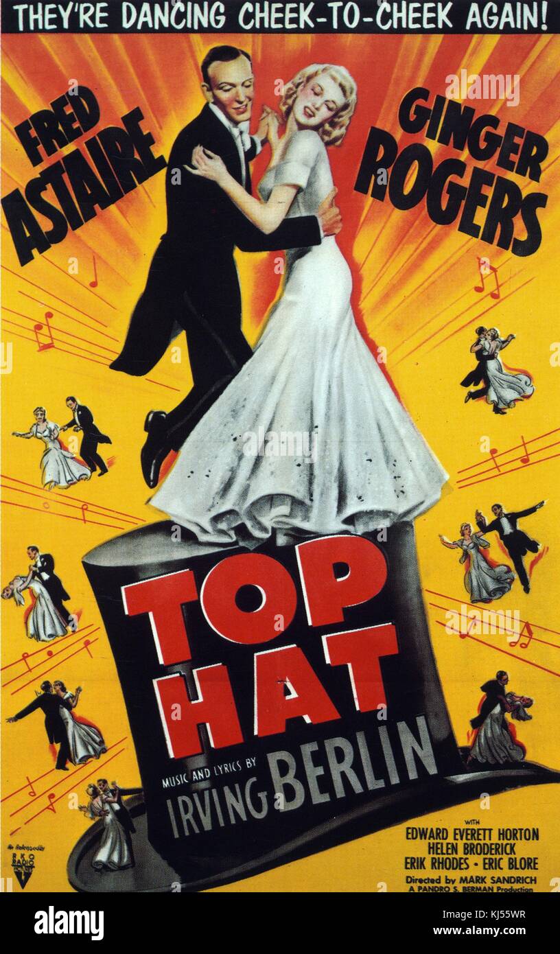 An illustrated color poster for the 1935 film 'Top Hat', the movie featured actors Fred Astaire and Ginger Rogers, it also contained music by Irving Berlin, the poster features Astaire and Rogers dancing together on a large top hat, smaller images of them dancing and musical notes appear on the poster, 1935. From the New York Public Library. Stock Photo