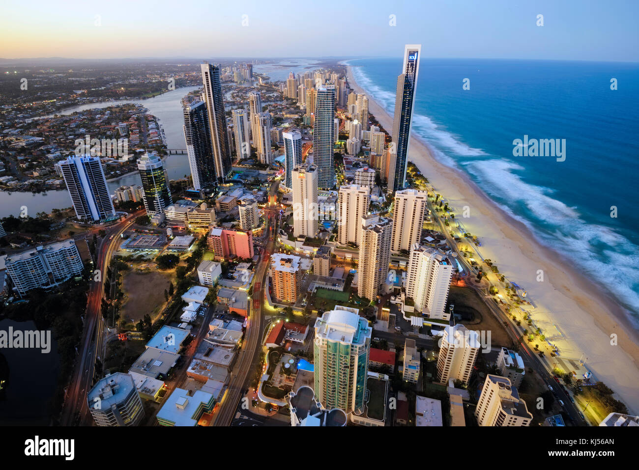 View of the Surfers Paradise on the Gold Coast, Queensland, Australia from the SkyPoint Observation Deck at Q1 Building. Stock Photo