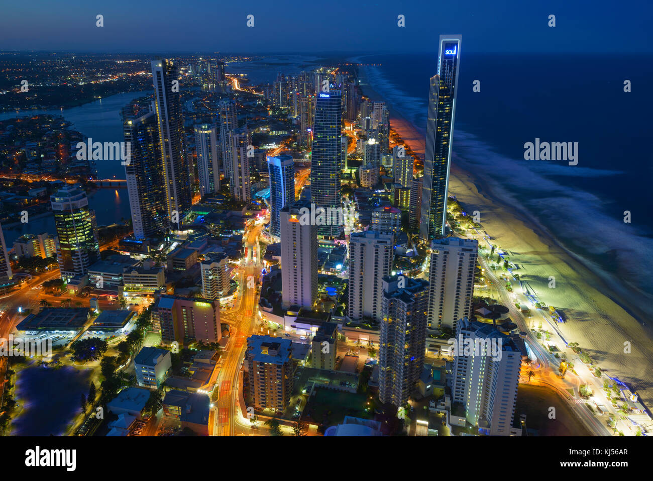 View of the Surfers Paradise on the Gold Coast, Queensland, Australia from the SkyPoint Observation Deck at Q1 Building. Stock Photo